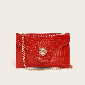 Red Small Croc Embossed Flat Chain Fanny Pack For Women